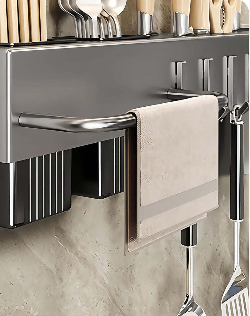 セイド(Seido) Carbon Steel Utensil Rack – Space-Saving 16" L Kitchen Organizer with hooks & hanging bar, Gunmetal Gray Knife Holder, 2 Installation Options (Adhesive/Screwed) - Image 3